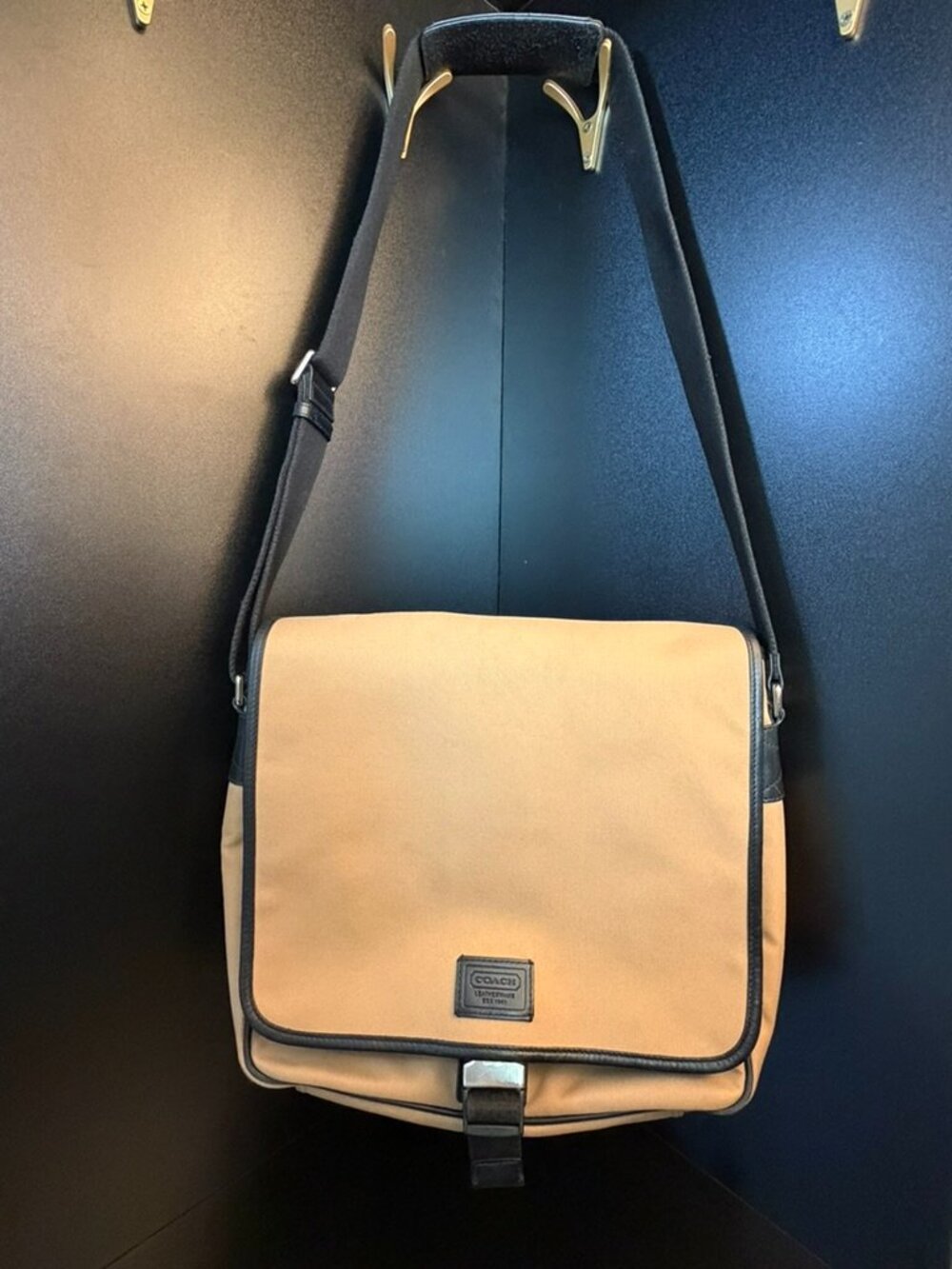 Coach Messenger Bag Khaki Canvas & Black Leather Crossbody Laptop Bag
